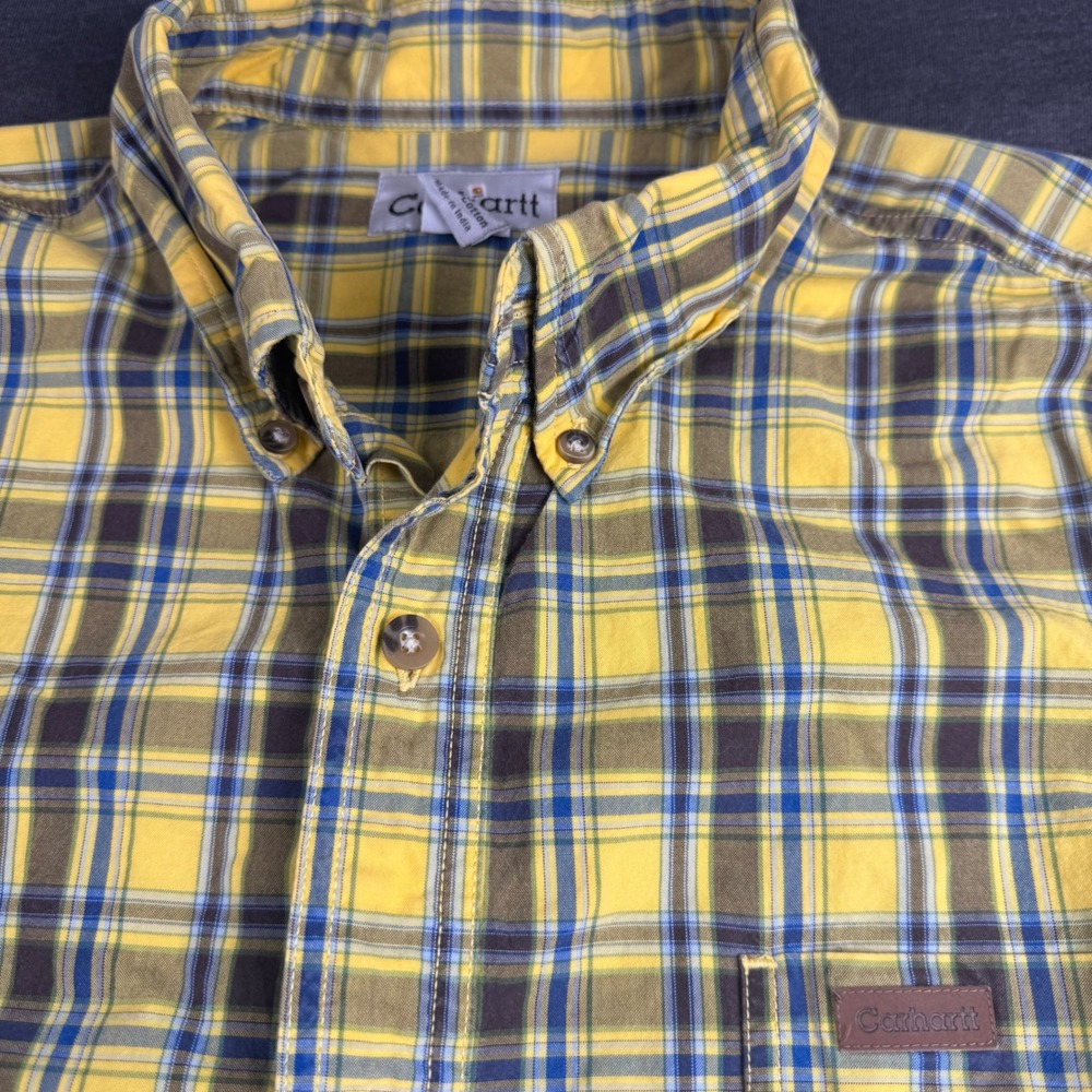 Carhartt Mens Plaid Button Down Shirt XL Yellow Blue Brown Long Sleeve Cotton
